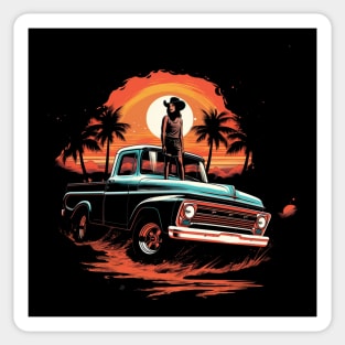 Coastal Cowgirl on Truck Retro Sunset Illustration Sticker